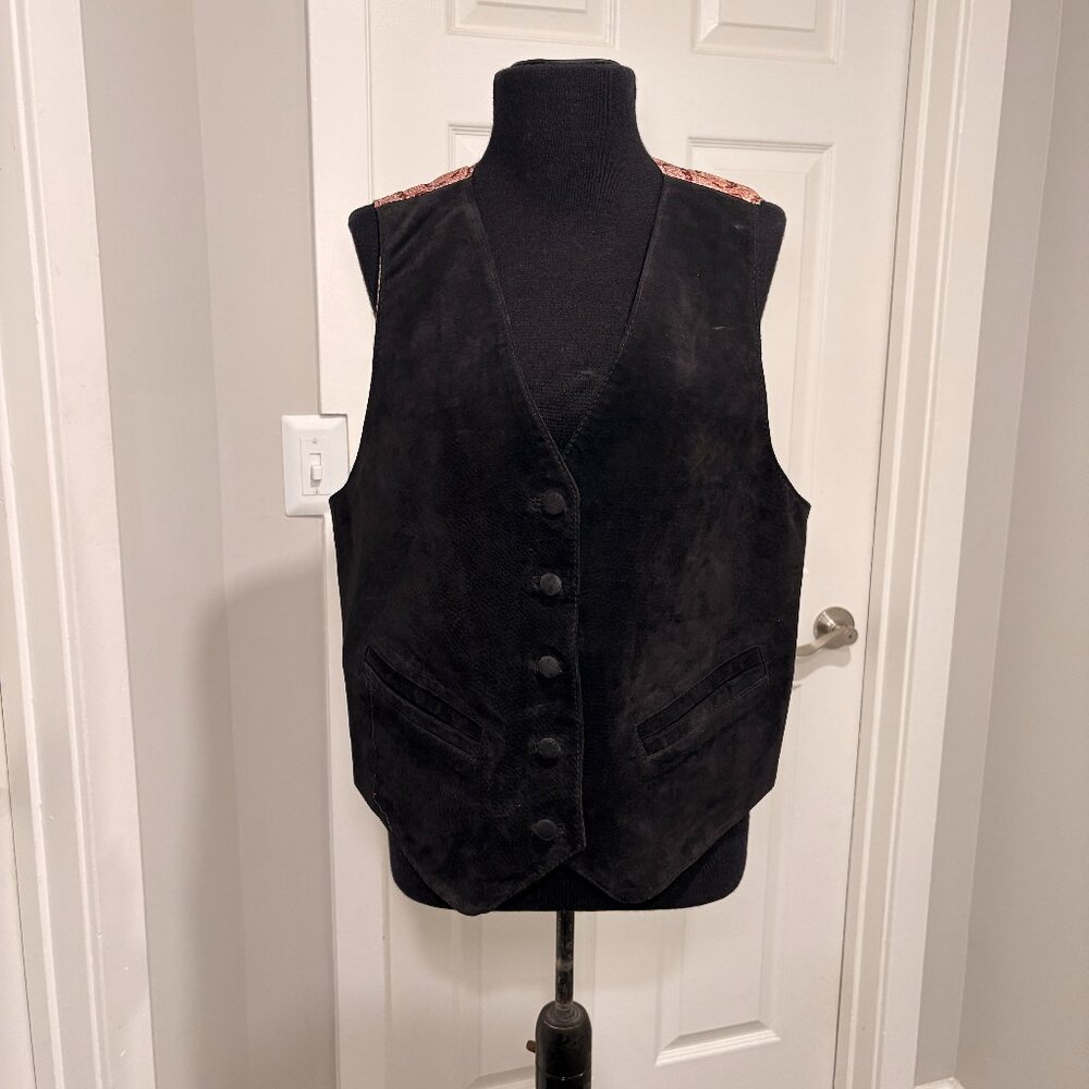 Le Chateau Vintage Black Suede Vest with Red Patterned/Gold Birds, Sz. M